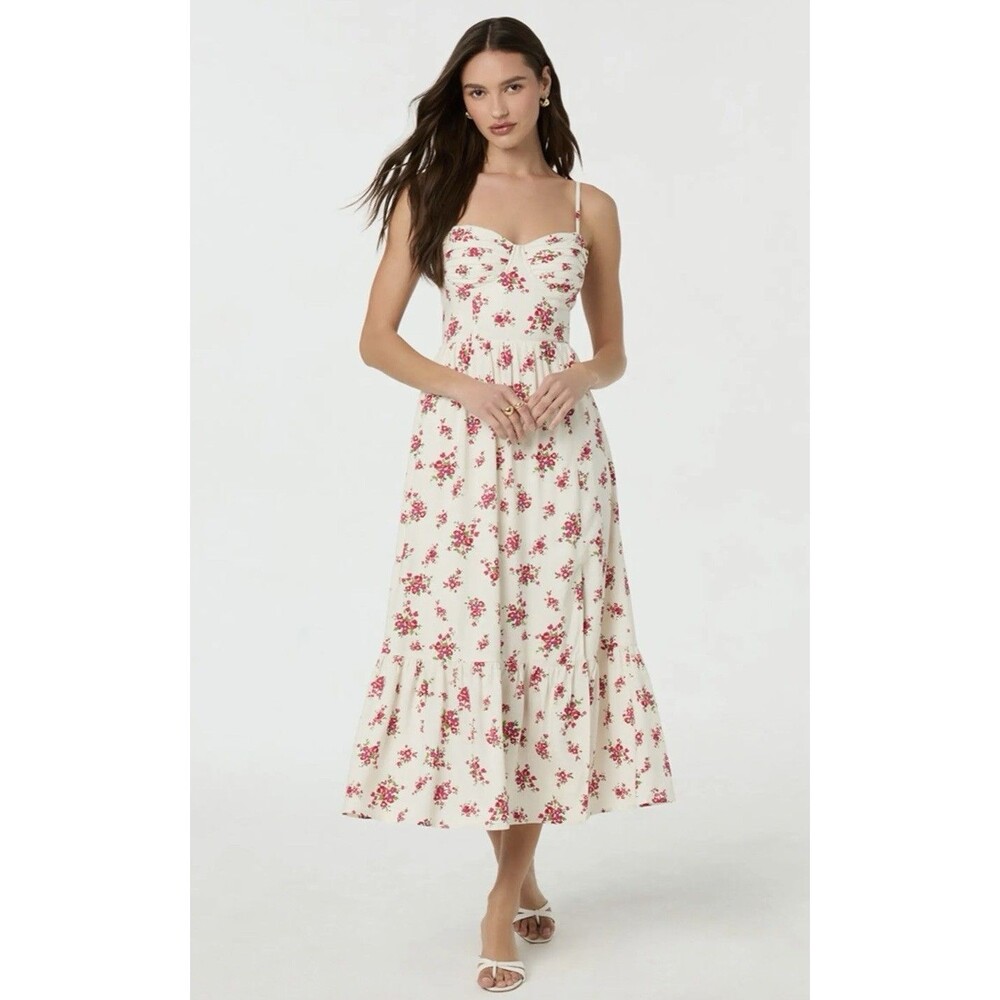 ASTR The Label Ivory Pink Red Floral Pleated Sweetheart Midi Dress Strappy M